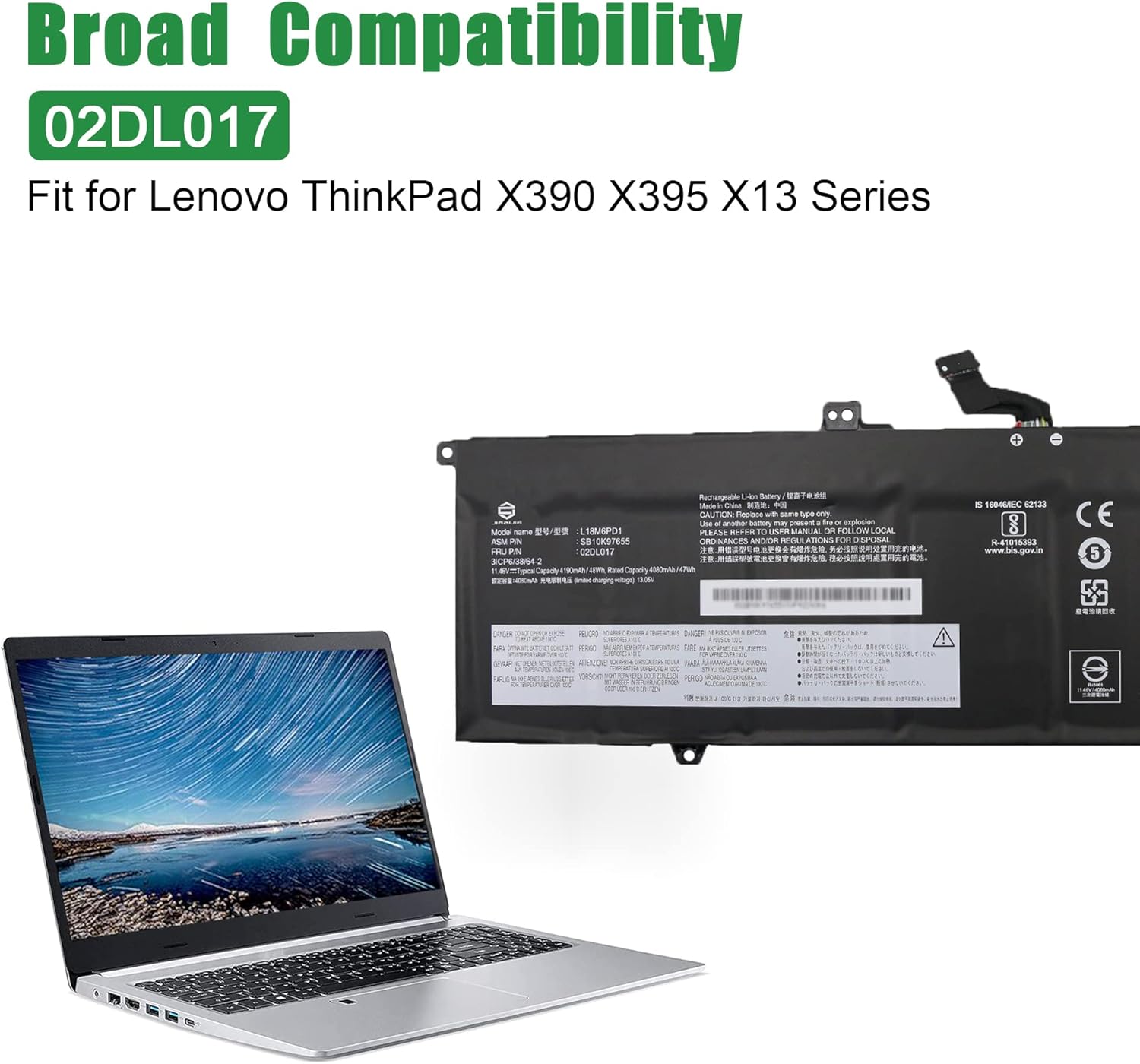 02DL017 L18M6PD1 SB10K97655 Laptop Battery Replacement for Lenovo ThinkPad X390 X395 X13 1st Gen 2020 Series 02DL018 L18M6PD2 SB10K97656 02DL019 L18C6PD1 02DL020 L18D6PD1 11.46V 48Wh