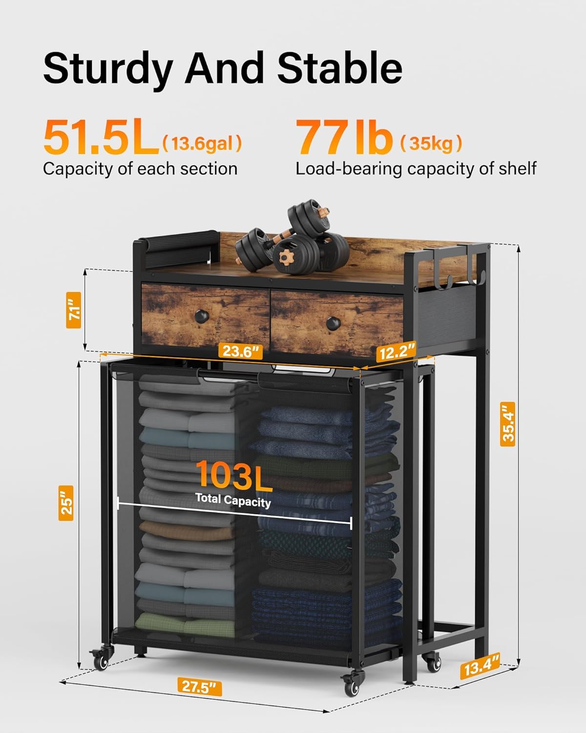 Laundry Hamper Basket: 2 Section Laundry Sorter with Wheels and Shelf - Rolling Laundry Basket Organizer with Shelf Drawers and Pull-Out Cart - Clothes Hamper for Laundry Room Bathroom Bedroom