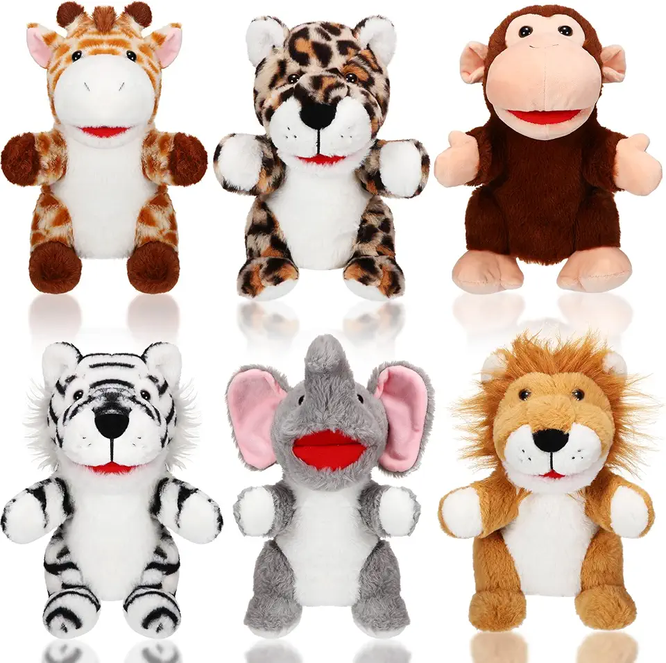 Lenwen 6 Pcs Christmas Animal Hand Puppet Set with Working Mouth 10 Inches Soft Plush Kids Hand Puppets for Bedtime Stories, Drama Performance, Teaching, Preschool Kids(Forest Animal)