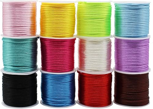 Cordón de nailon de satén de 0.079 in x 132 yardas, 12 colores, cordón de seda satinada para pulseras de amistad, collares, fabricación de joyas,