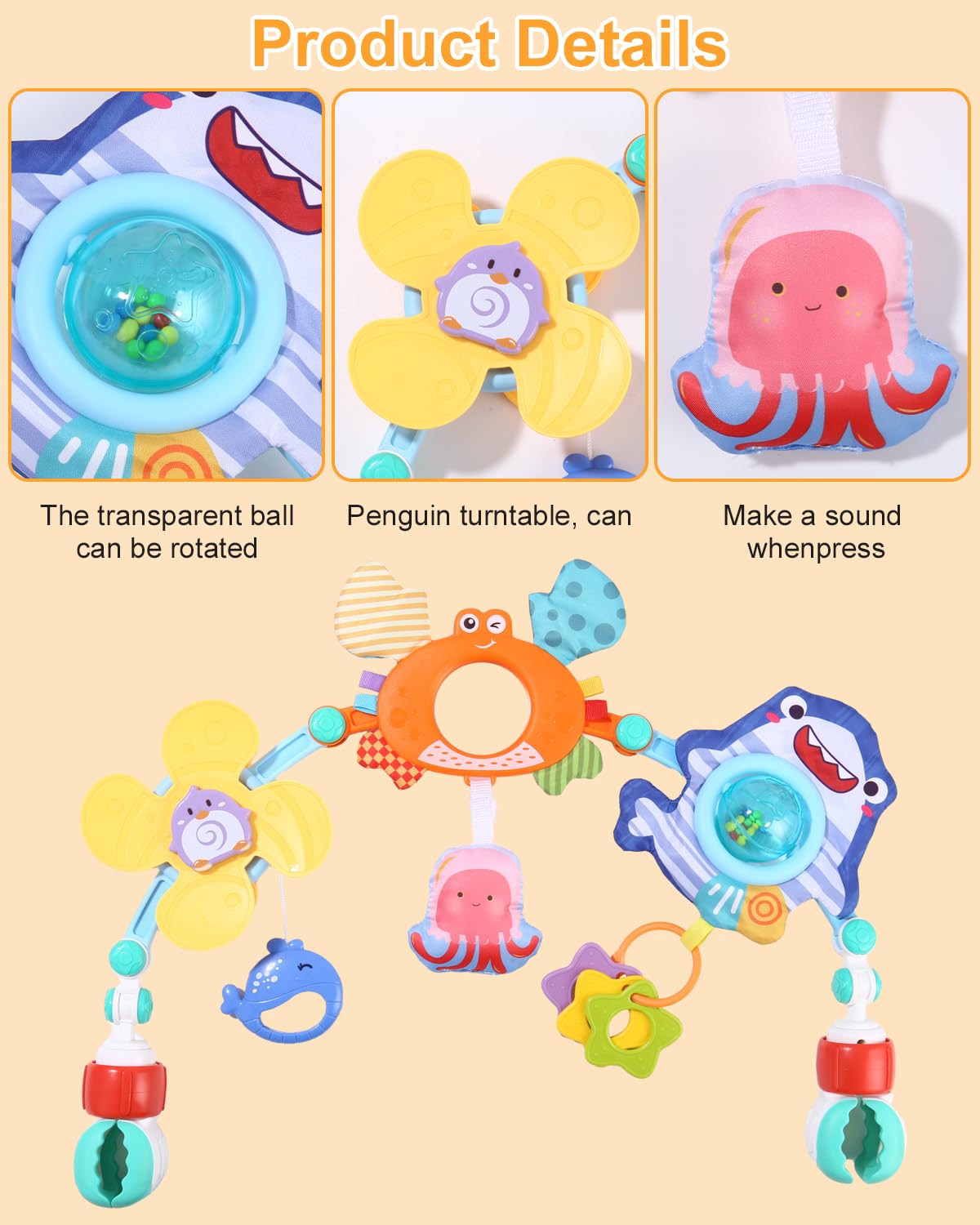 TIDEVAN Giocattolo Passeggino Per Bambini 0-6 Mesi - Arco Sensoriale Pieghevole Con Clip