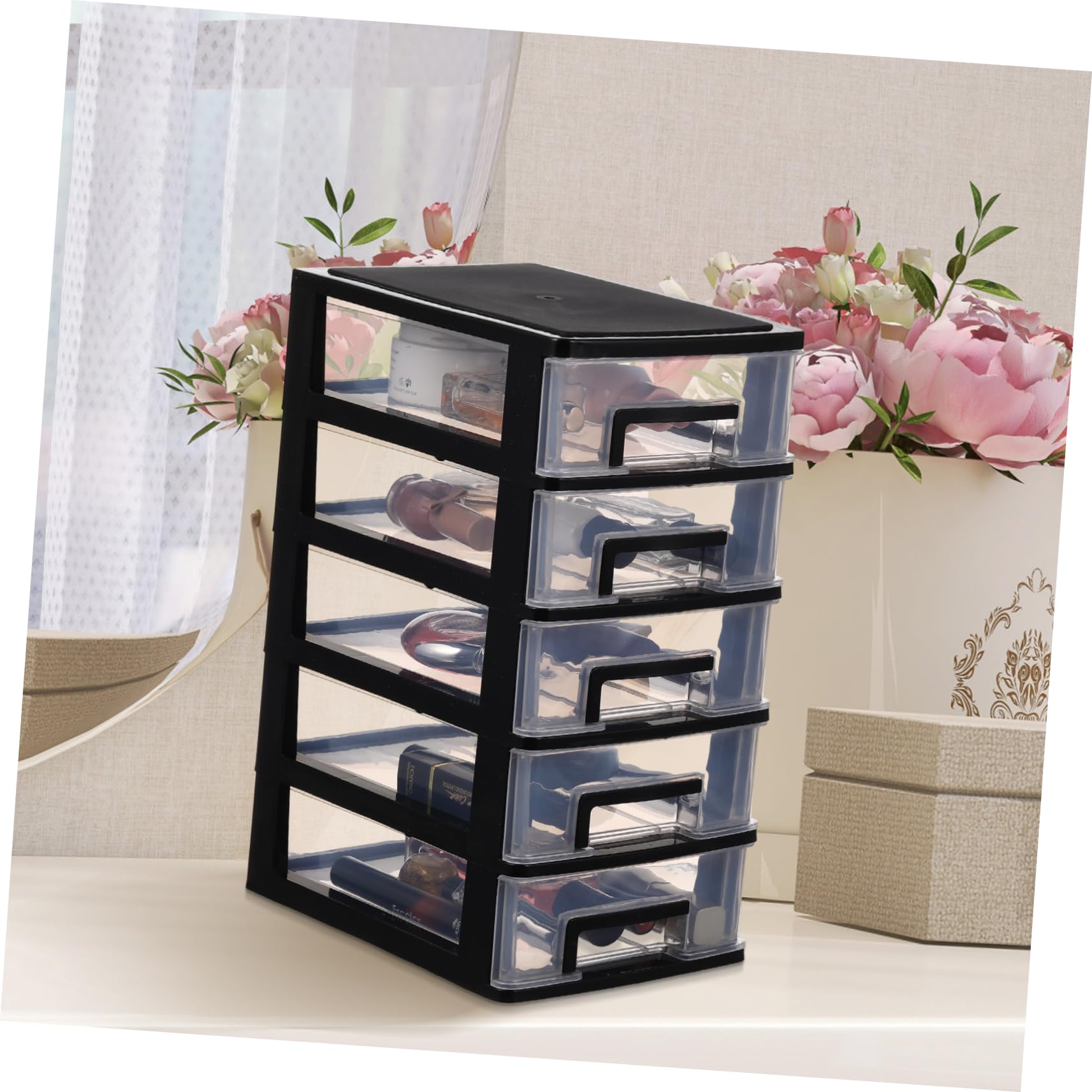 Gadpiparty Desktop Drawer, Desk Organizer with 5 Clear Drawers, Multi- Use Five- layer Storage Cabinet for Home Office Stationary Cosmetics Sundries Storage (Black)