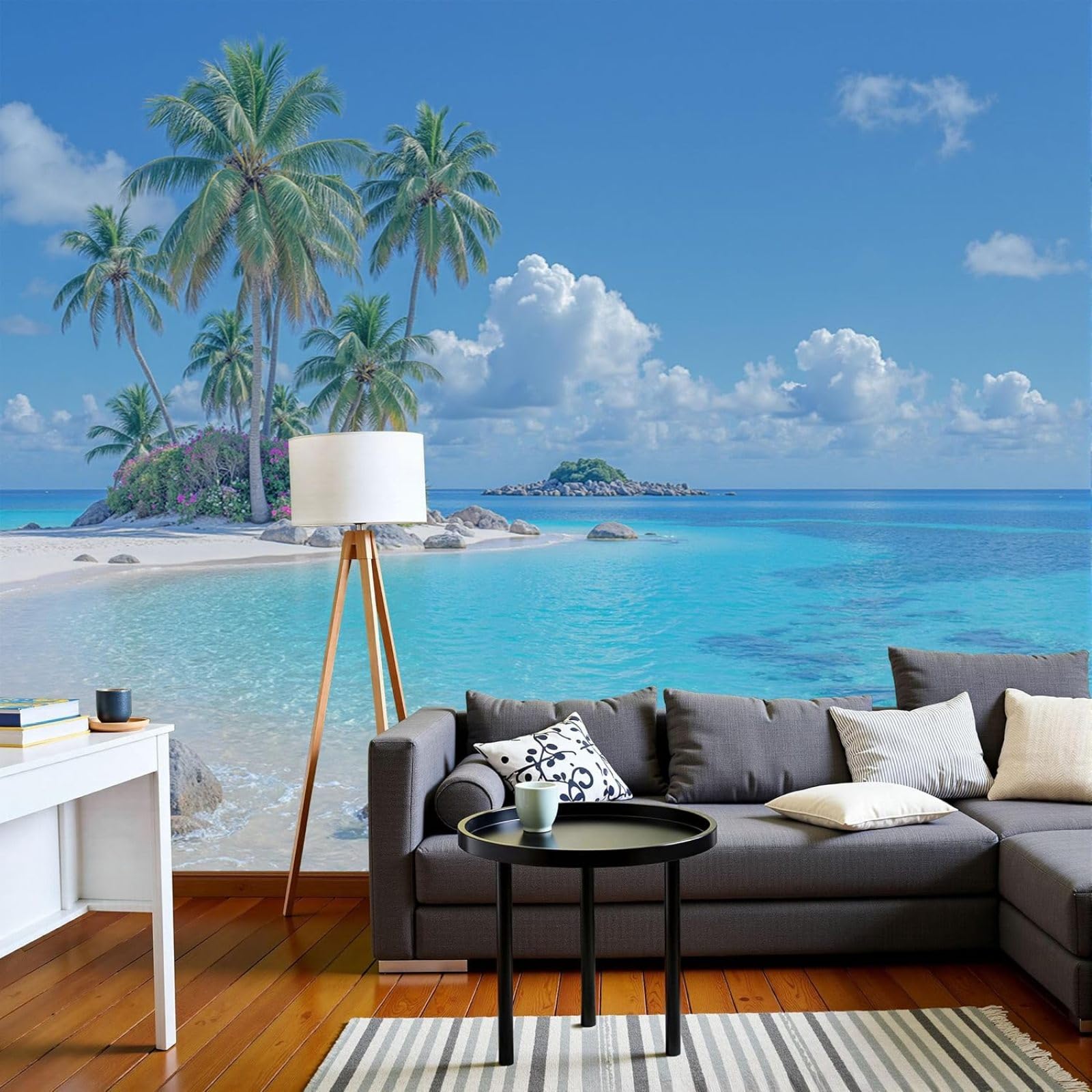 kfjhgbdshhj Tropical Islands Palm Tree Photo Wallpaper, Fresh Natural Beach Modern Wall Decor for Living Room, Bedroom, Blue, 400cm x 280cm Stickers - Frameless Painting - Poster