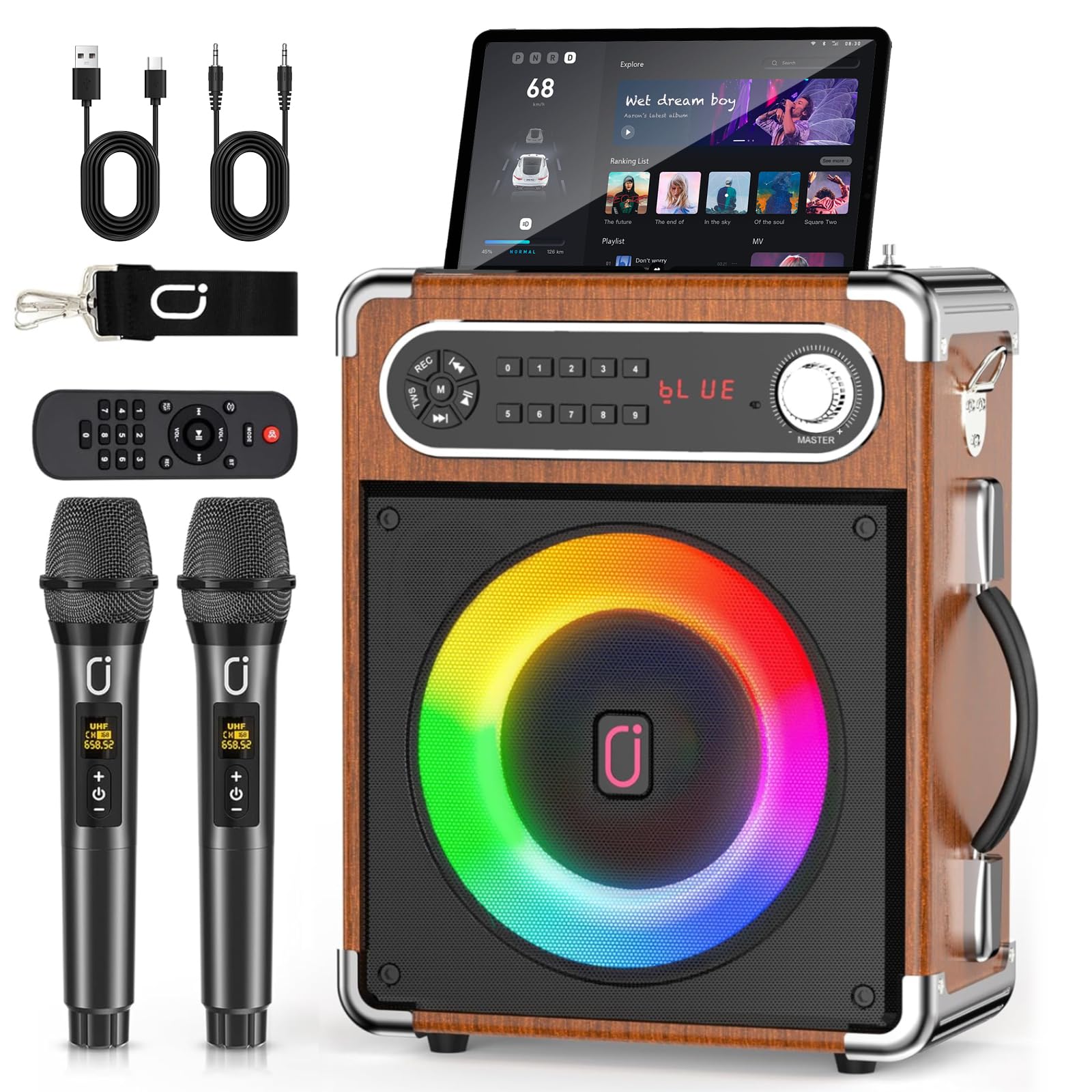 JYX Máquina de karaoke con 2 micrófonos, caja de karaoke portátil Bluetooth 5.3, sistema PA de 80 W con luces RGB, graves/agudos/eco, TWS/FM/TV/AUX/USB/TF/REC para familia, fiestas, exteriores (madera