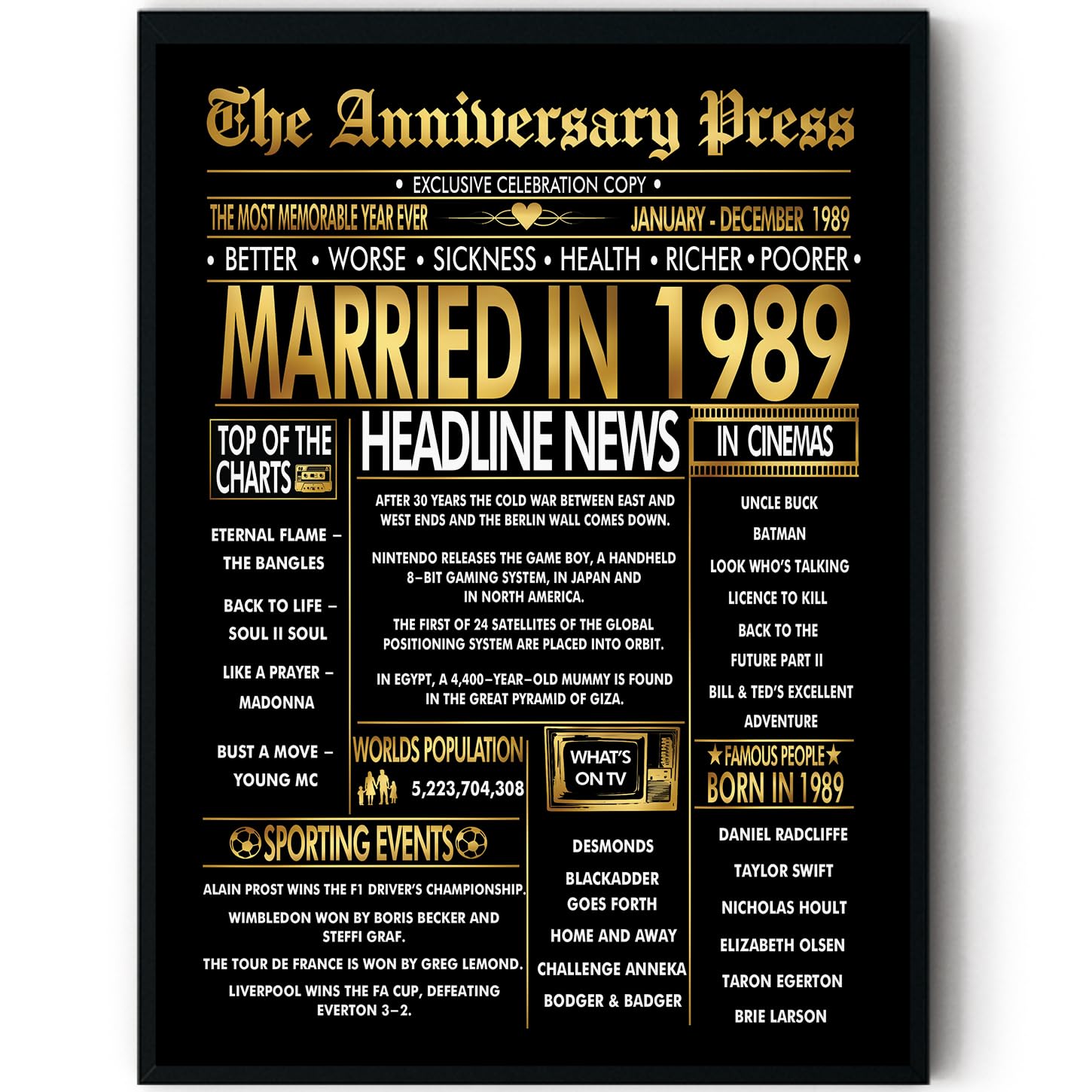 Stuff4 Men's 1989 Gold 37Th Anniversary Poster Framed - Golden Married In Newspaper - 37 Anniversary For Wo Retro Vintage Gifts Back In 8X10 Inch Bday Party Decor Decoration