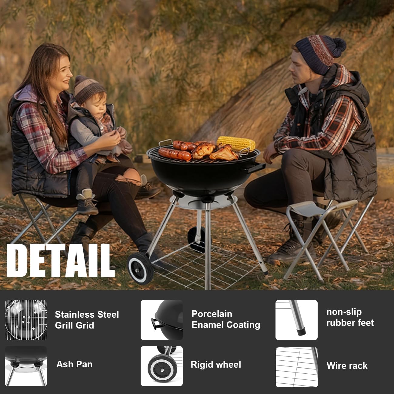 18 Inch Charcoal Grill, Kettle Grill with Handle and Wheels for Outdoor Camping and Small Patio Backyard (Black)