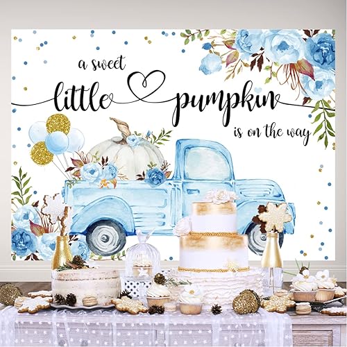 Miniatura 5 de Lofaris Little Pumpkin Boy Baby Shower - Telones de fondo para fotografía de otoño, otoño, azul, príncipe floral, baby shower, decoración de fiesta,