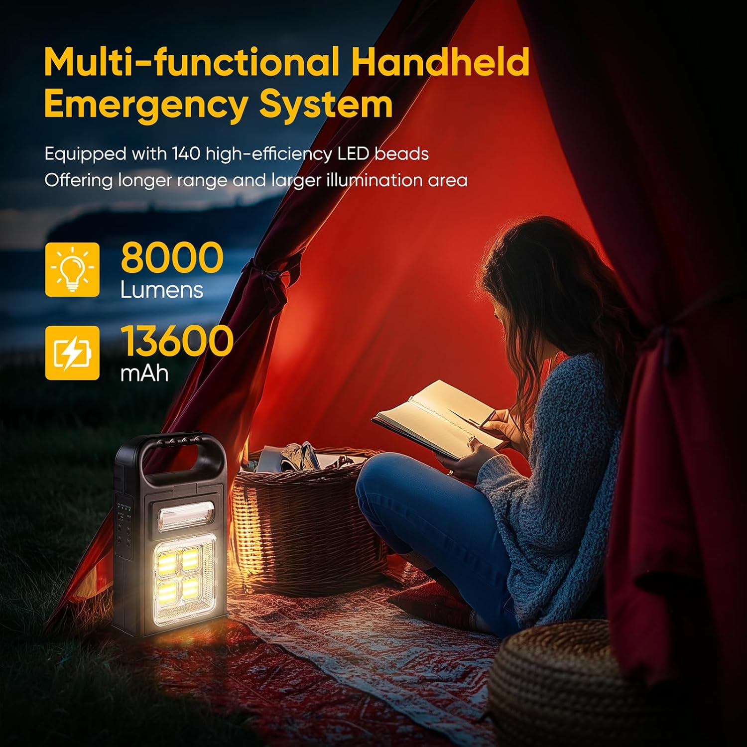 Solar Flashlight with USB Cable，6 Modes Solar LED Camping Light Rechargeable，8000LM Super Bright Emergency Light，IP67 Waterproof, Handheld Spotlight，Multifunctional LED Searchlight for Emergency