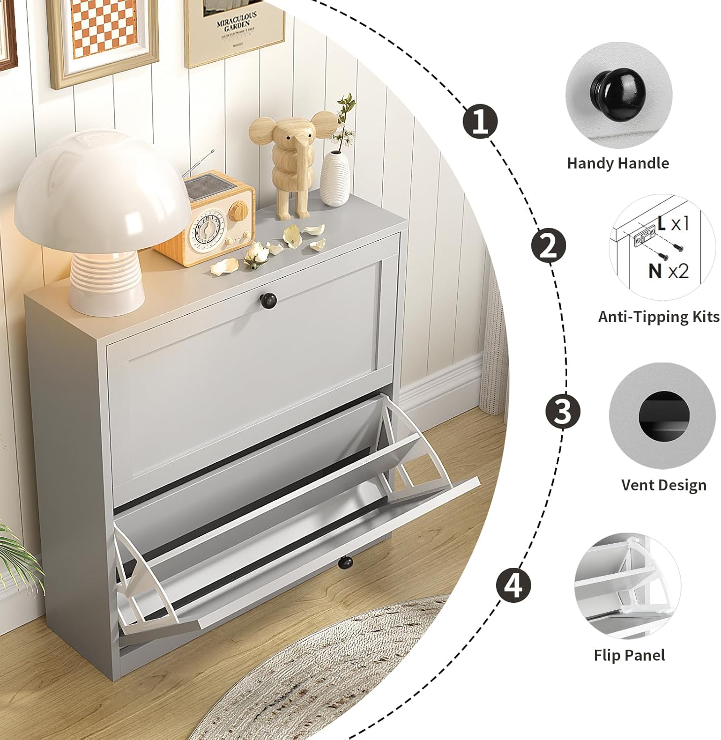 Diagram showing key features: handy handle, anti-tipping kits, vent design, and flip panel.