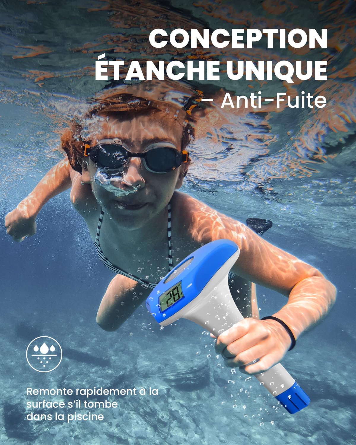BALDR Thermometre Piscine flottant, à énergie solaire, étanche IPX8, convient pour piscine/jacuzzi/source d'eau chaude/aquarium (bleu profond)