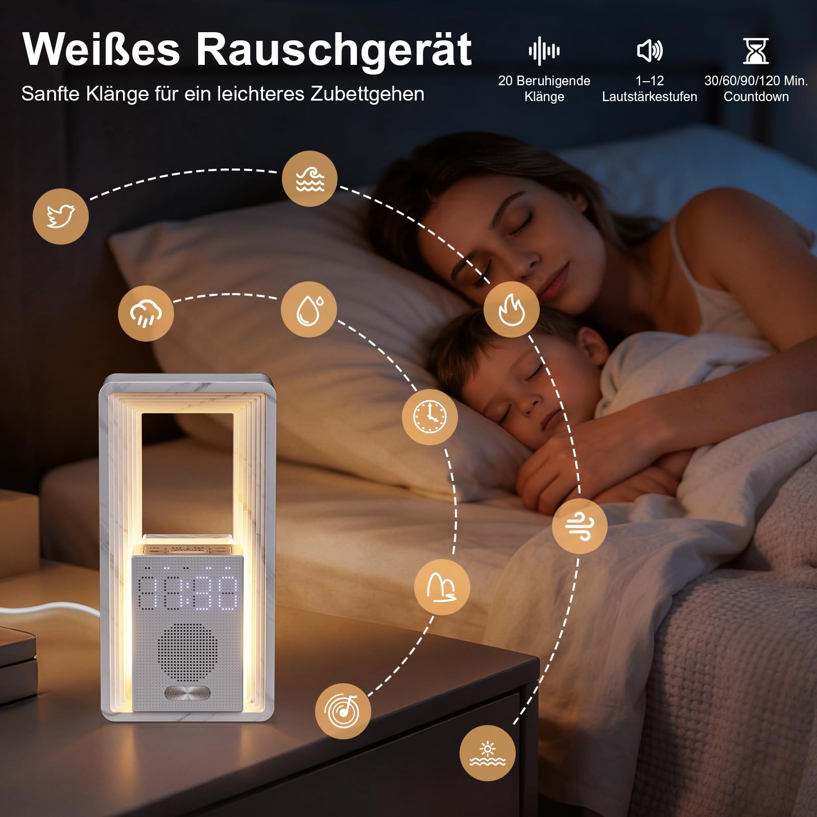 Hensam Tageslichtwecker mit Weißem Rauschen, Lichtwecker mit Sonnenaufgangssimulation, Nachtuhr Wecker mit 20 Naturgeräusche und Timer für Leichtschläfer, Wake up Licht für Kinder, Erwachsene