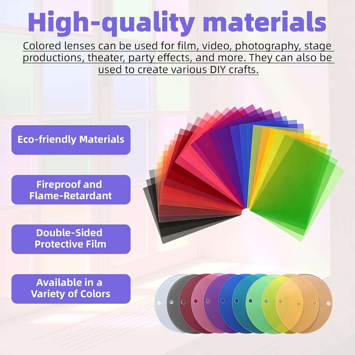 42 Pack Correction Gel Light Filter Sheets Kit, Rectangle/Round Transparency Colored Plastic Sheet with Clips for Lighting for Lamp, Headlight, Photo Studio Strobe, LED, Headlight Film