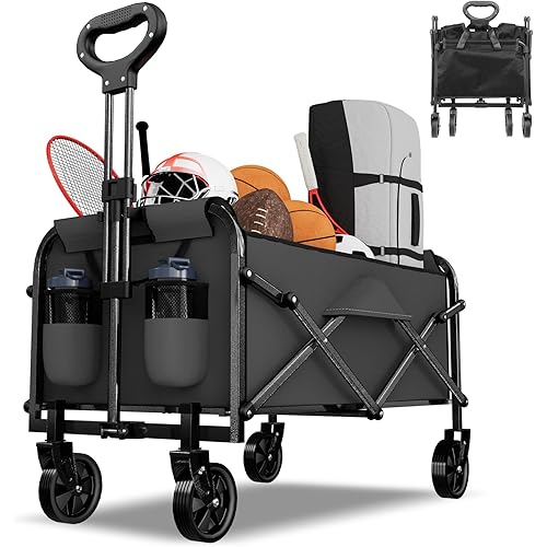Foldable Wagon Cart with Wheels Collapsible - 300 LBS Large-Capacity Heavy Duty Folding Utility Cart for Garden Lounge Sports Groceries Camping Shopping - Black