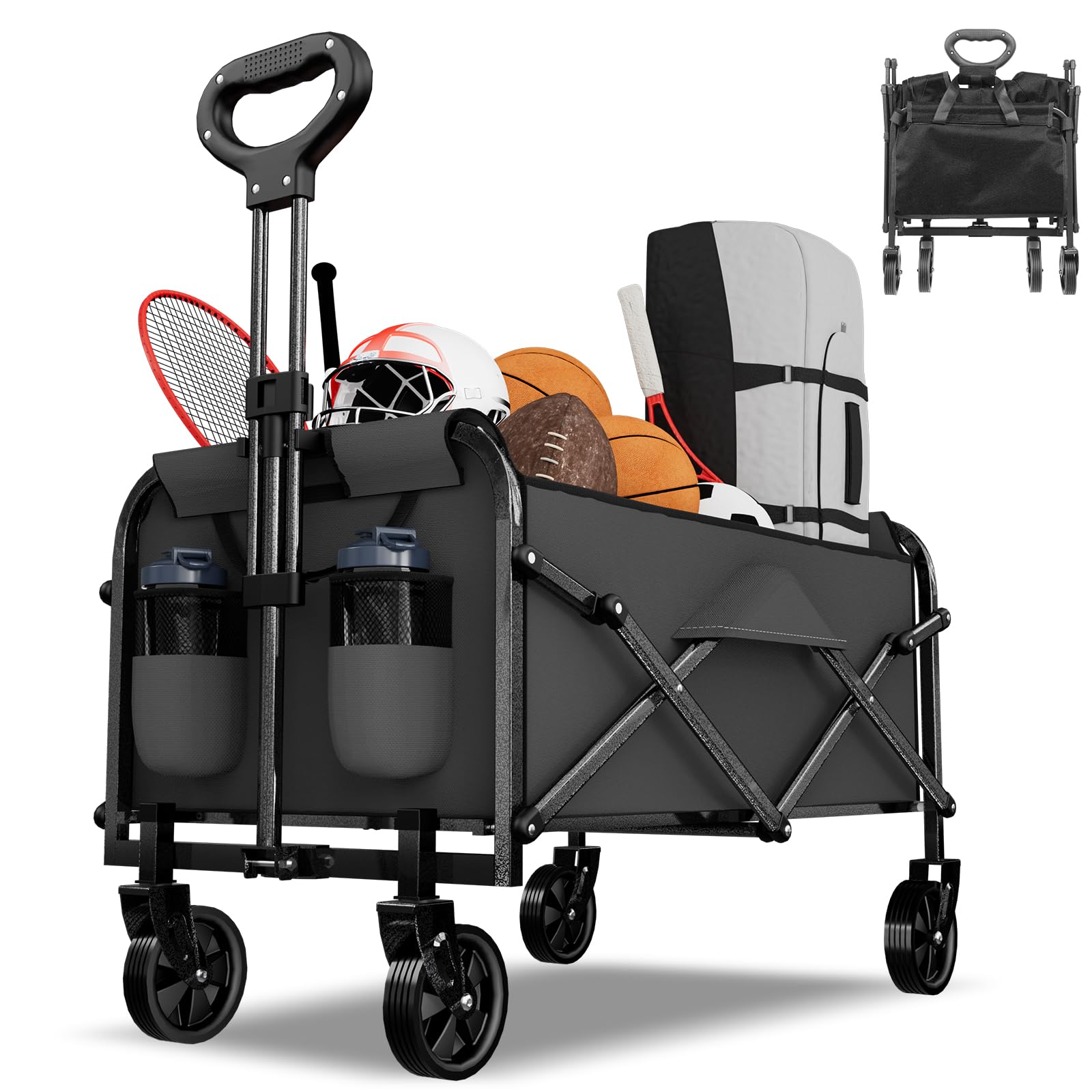 Foldable Wagon Cart with Wheels Collapsible - 300 LBS Large-Capacity Heavy Duty Folding Utility Cart for Garden Lounge Sports Groceries Camping Shopping - Black