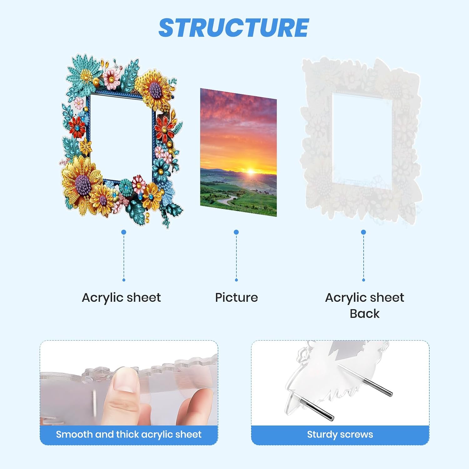 MXJSUA Flowers Diamond Painting Picture Frame Kits, Special Shape Diamond Art Painting Frame for Bedroom Table Home Decor, Acrylic Tabletop Display Photo Frame Suitable for Photos within 7 Inches