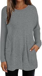 Generic Jumpers for Women Uk Lightweight With Pocket Long Sleeve Tops Casual Round Neck Ladies Tunic Top Long Tops To Wear With Leggings Ladies Lightweight Knit Jumper Sweater