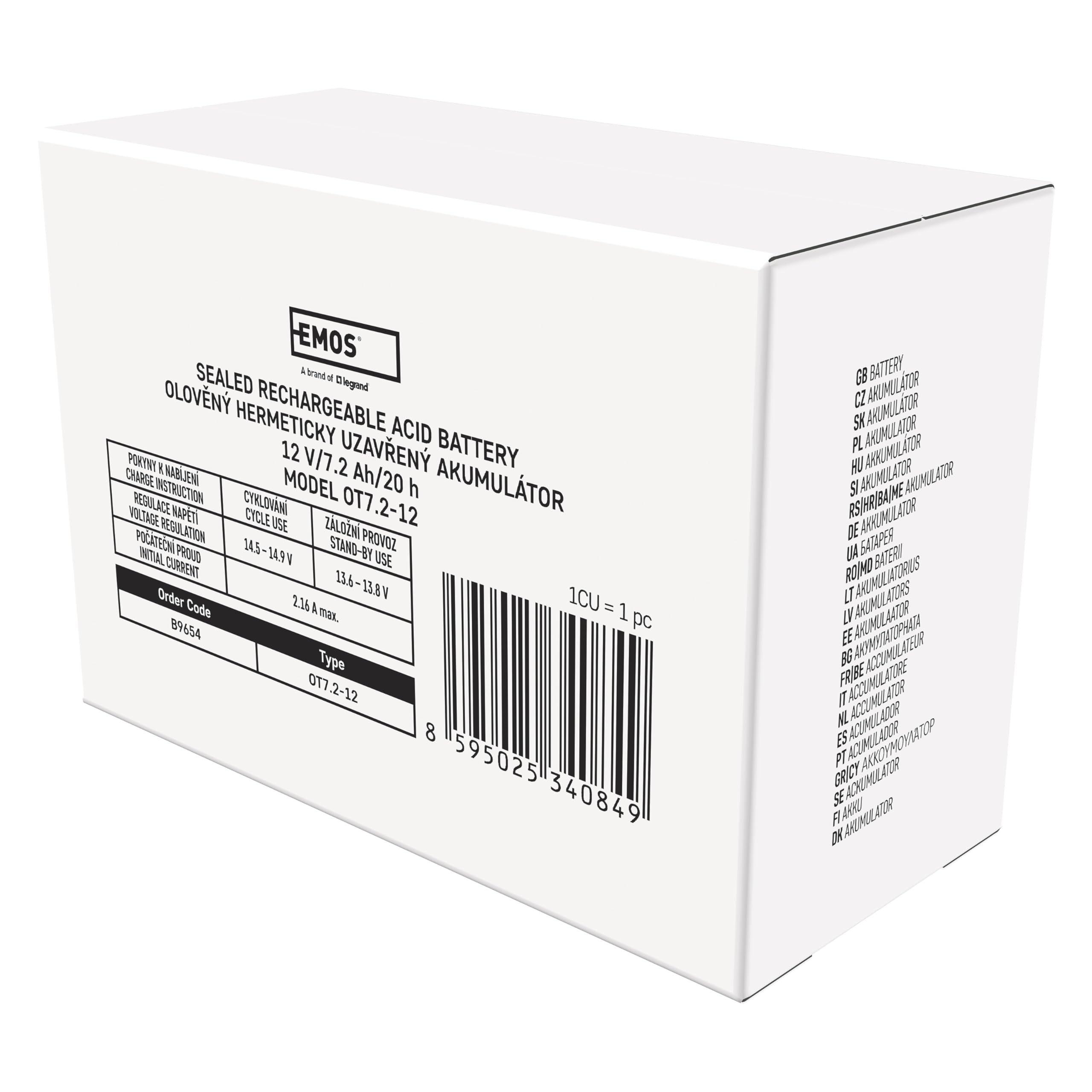 EMOS Batteria al piombo/accumulatore al piombo senza manutenzione per impianti UPS. Illuminazione di emergenza, sistemi di allarme, allarme antincendio, dispositivi UPS 12 V, 7,2 Ah