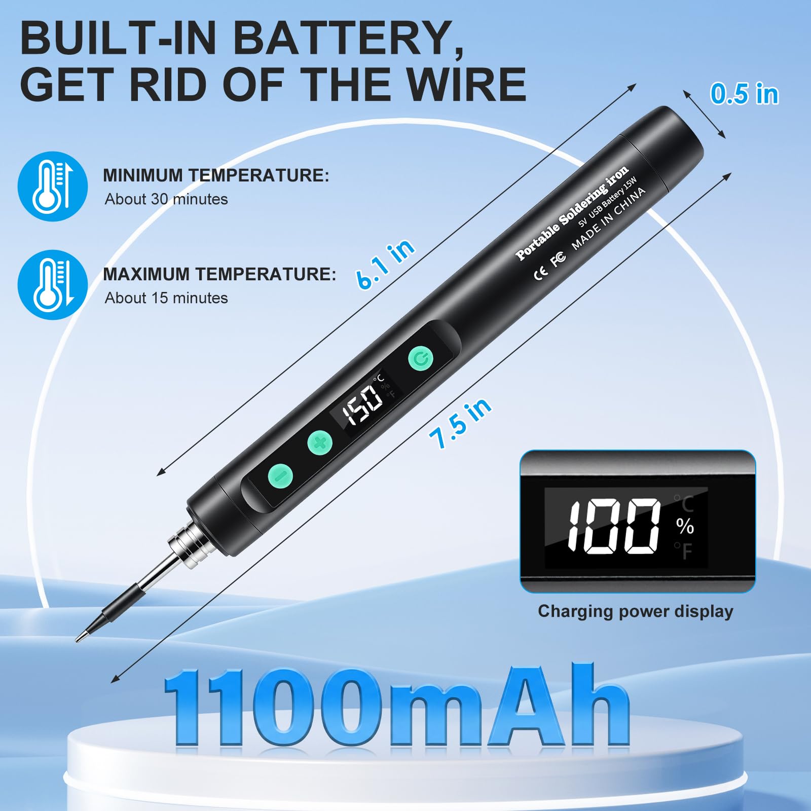Fer à Souder sans Fil Kit - 1100mAh USB Rechargeable avec Port Type-C, Température Ajustable Numérique LCD Thermostatique pour Réparation Appareils Ménagers, DIY - Noir