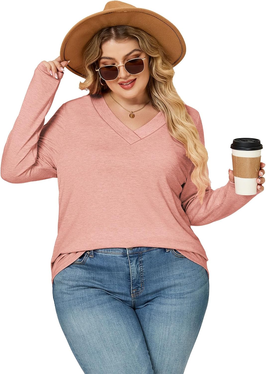 VISLILY Plus-Size-Tops for Women Trendy V Neck T Shirts Casual Long Sleeve Dressy Cute Blouses Loose Fit Tunics Tees XL-5XL - Image 4