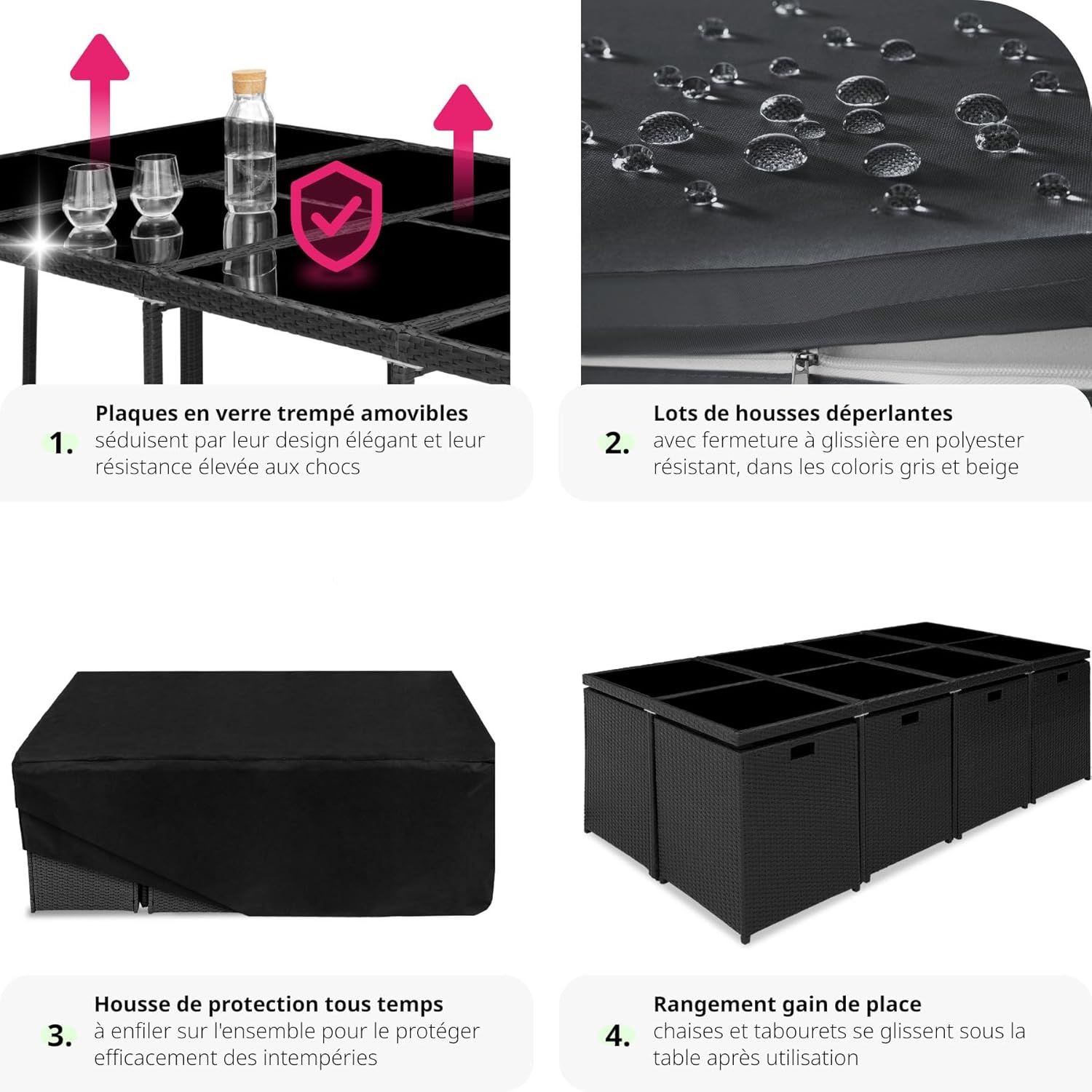 Detailed dimensions diagram for the tectake garden furniture set, showing measurements for chairs, stools, and table.