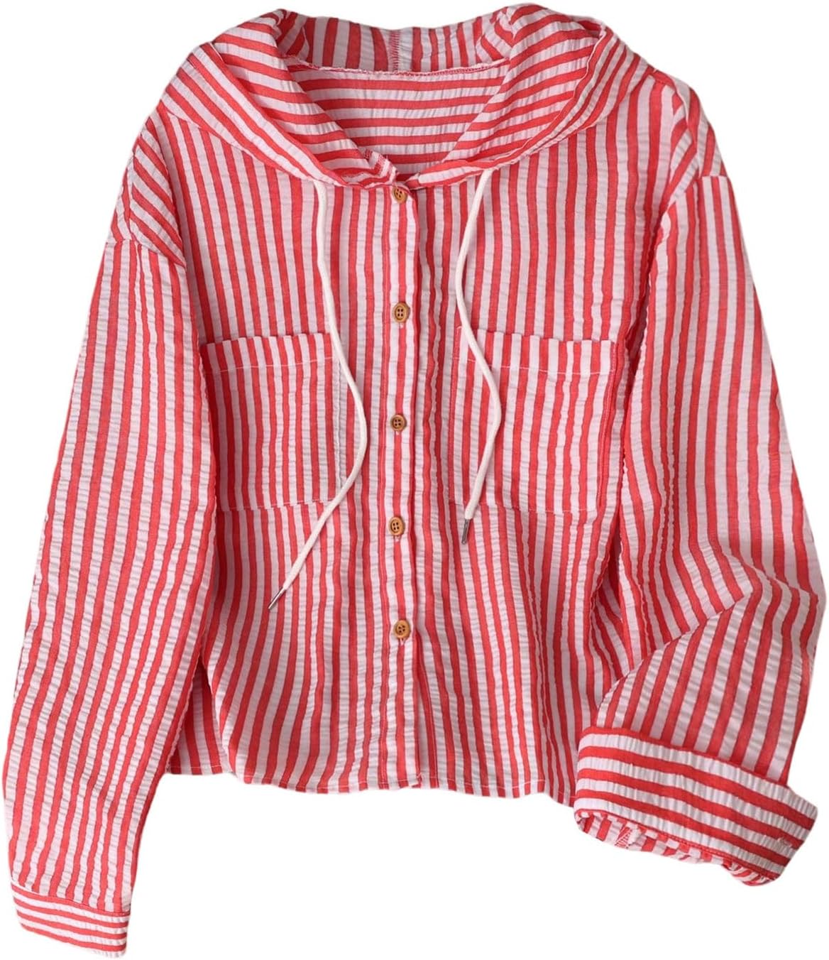 SOLY HUX Women's Striped Button Down Shirt Hooded Drawstring Long Sleeve Casual Blouse Tops