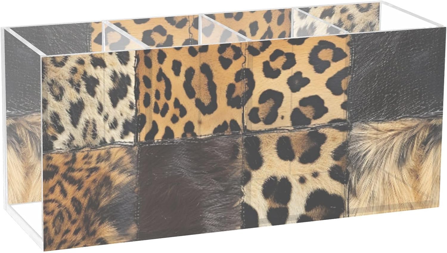 Acrylic Pen Holder Black Gold Leopard Print 4 Compartments Funny Cute Cool Anime Acrylic Pen Organizer Pencil Holder for Desk Hair Brush Holder