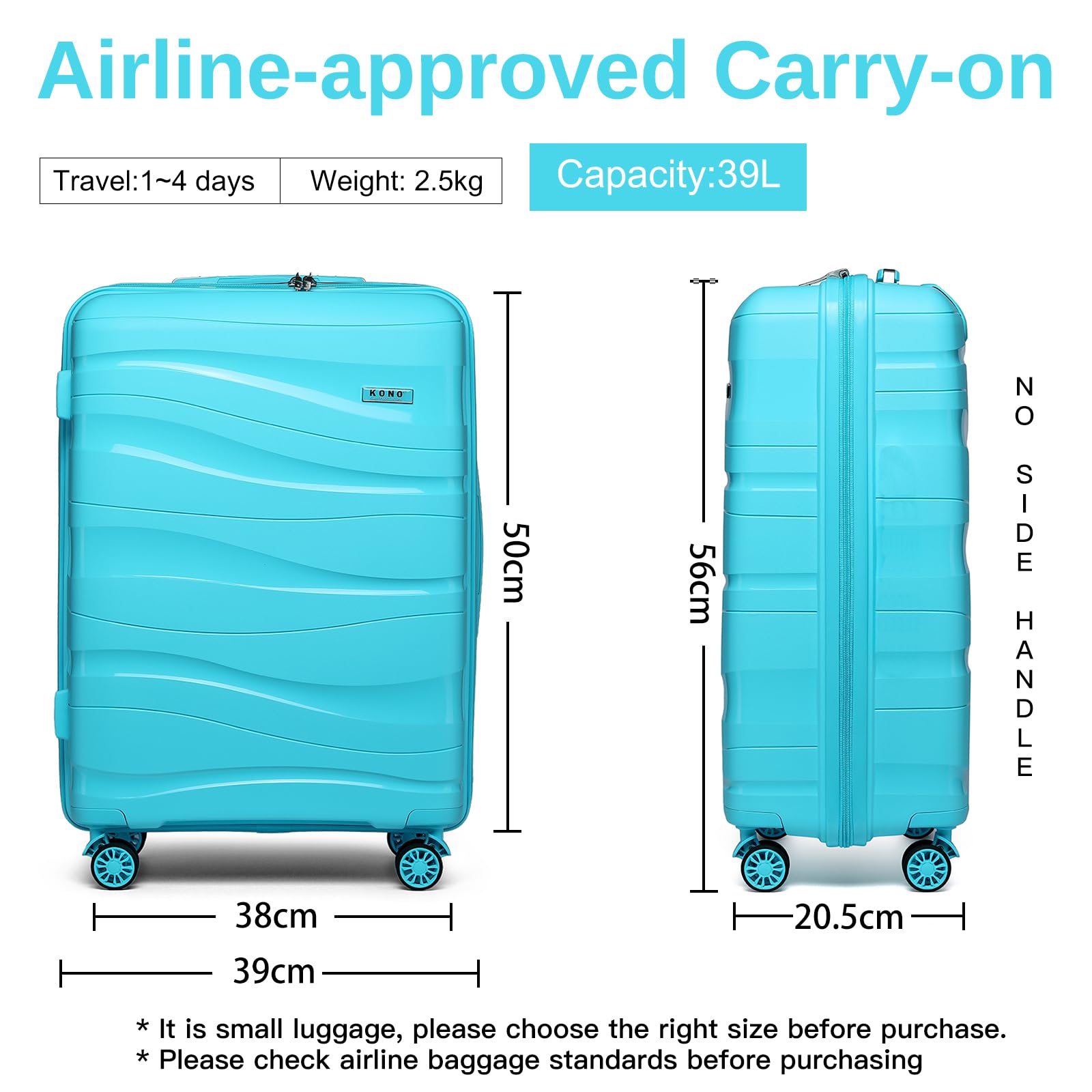 KONO Valigia Trolley da 56cm Rigida e Leggero Polipropilene Valigie con TSA Lucchetto e 4 Ruote (Azzurro)