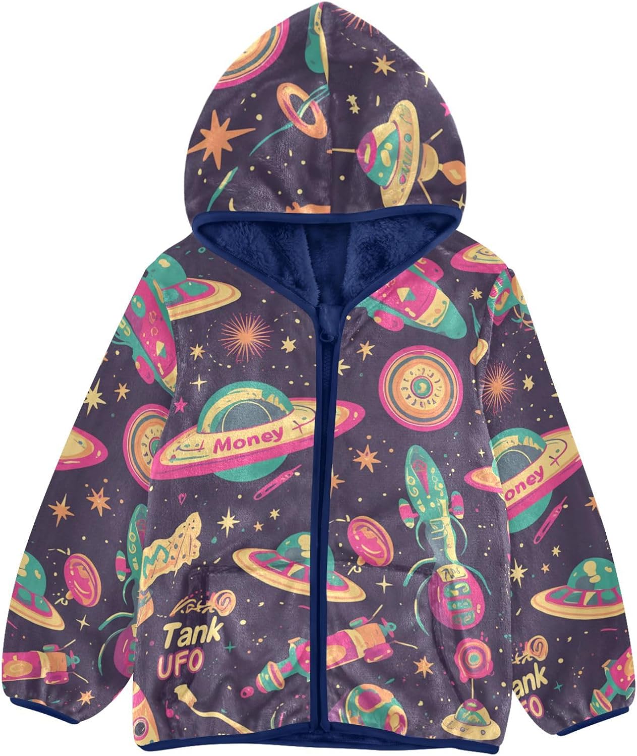 Ufo Aliens Rockets Cartoon Purple Boys Zip Sweatshirt Children Coats for Toddlers Navy Blue Trendy Baby Boys Clothes