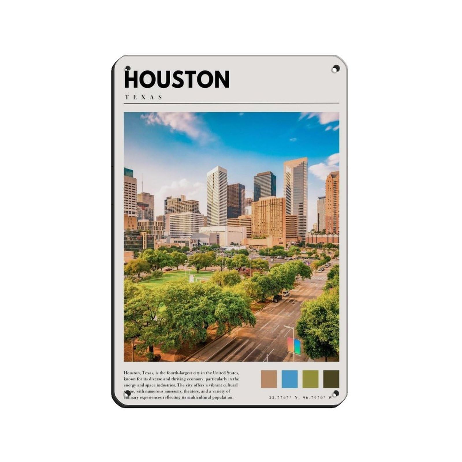 Houston Texas Poster Houston Art Retro Poster Metal Tin Sign Chic Art Retro Iron Painting Bar People Cave Cafe Family Garage Poster Wall Decoration 8x12inch(20x30cm)