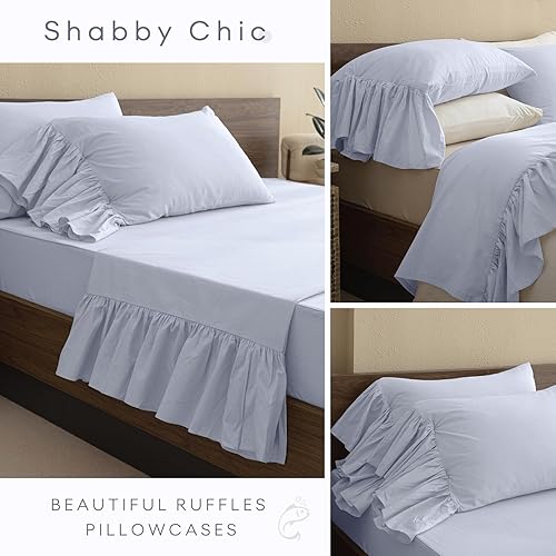 Miniatura 5 de QSH Juego de sábanas 100% algodón con volantes, tamaño Queen, color azul claro, juego de sábanas con volantes franceses, 4 piezas, extra suaves,
