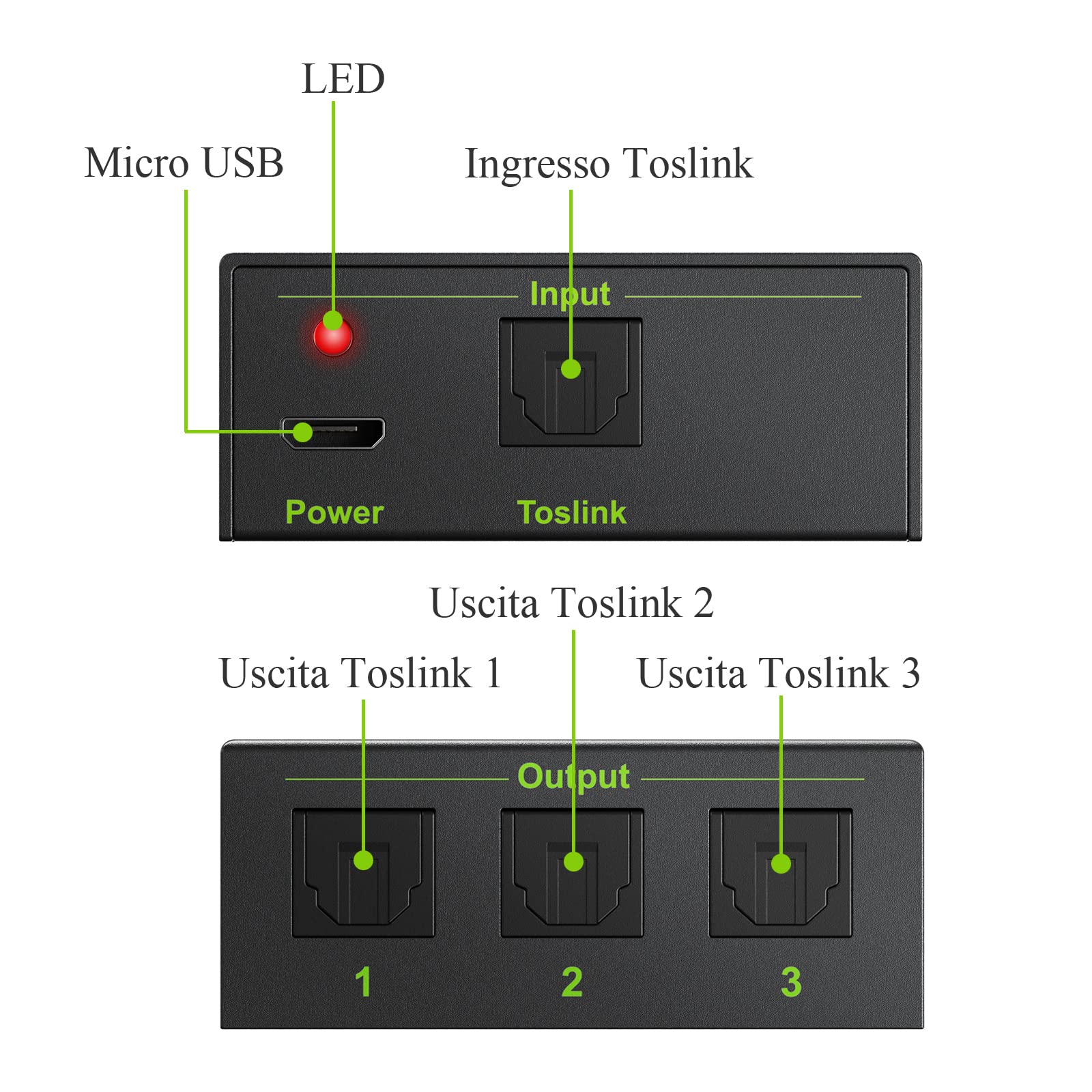 LiNKFOR 3 Porte Splitter Audio Digitale SPDIF 1 In 3 Out Splitter Ottico Toslink Supporta Dolby-AC3 DTS LPCM 2.0 con 4pz 1M Cavi Ottici per PS3 VHS VCR Blu-ray DVD HDTV STB DAC Convertitore