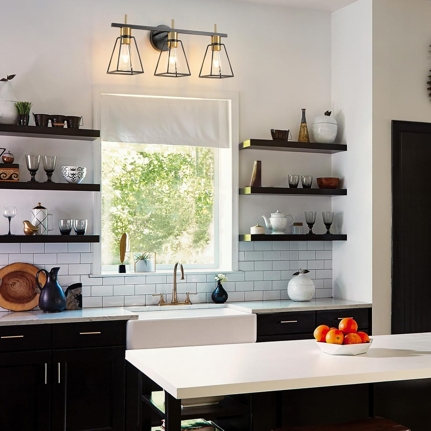 Industrial Bathroom Vanity Lights: 3-Light Black and Gold Vintage Metal Cage Wall Sconce - Rustic Farmhouse Wall Light Fixture Over Mirror Cabinet for Bedroom Living Room