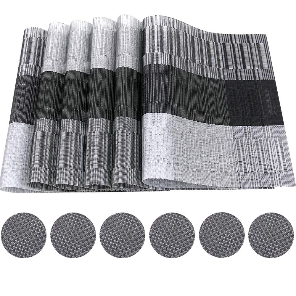 Time to Sparkle 13 PCS Vinyl Woven 6pcs Placemats + 6pcs Coasters+ 1pc Tablecloth Anti-Slip Table Mat Waterproof Heat Resistant Table Mat Decoration (Placemat+Runner-Black Bamboo) - Image 2