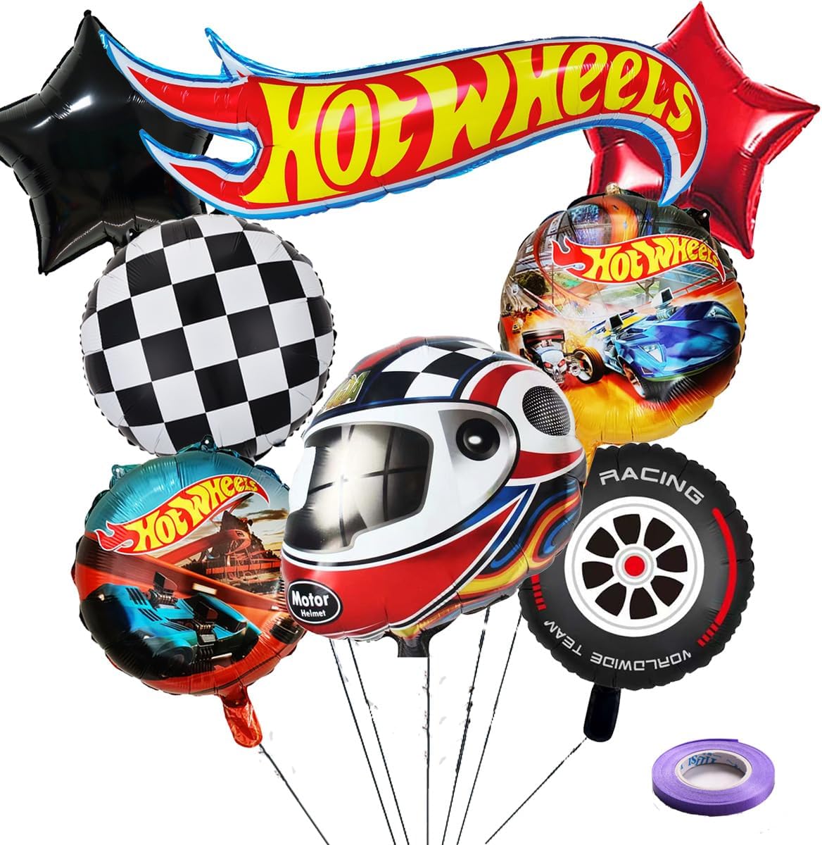 8 Pcs Hot Wheels Foil Balloons for Boys, Hot Car Birthday Party Decorations Supplies for Kids