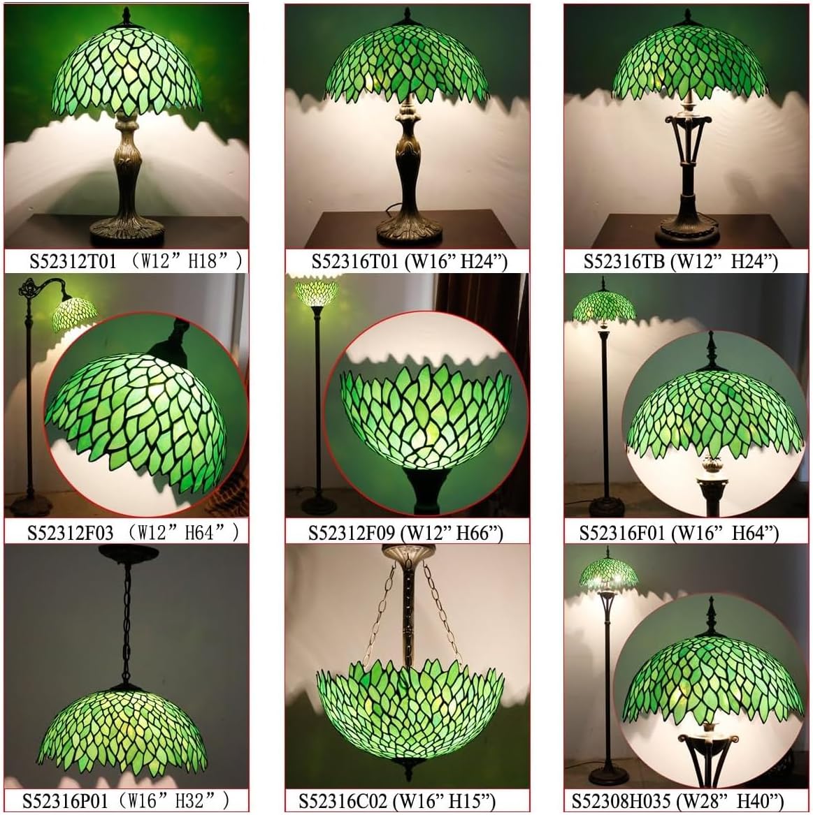 WERFACTORY Tiffany Ceiling Light Fixture Green Wisteria Stained Glass Semi Flush Mount Lamp Wide 16 Inch Height 15 Inch Tiffany Ceiling Lamp S523 Series