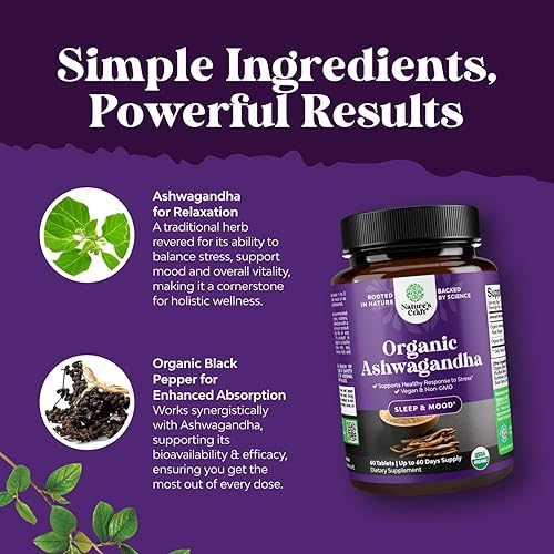 Miniatura 6 de Suplementos orgánicos de alta resistencia Ashwagandha - Tabletas orgánicas de Ashwagandha para apoyo del estado de ánimo y equilibrio hormonal para