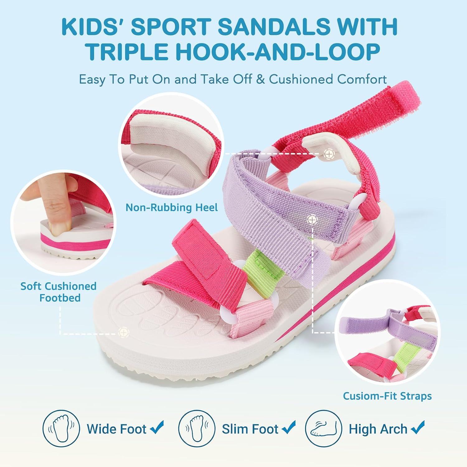 Toddler Sandals Open-Toe Arch Support Wide Summer Shoes for Boys Girls Lightweight Non-slip Kids Beach Shoe with Adjustable Straps