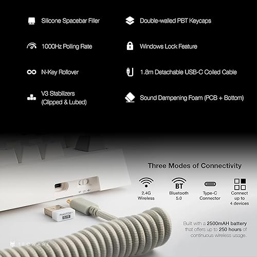 Miniatura 4 de TECWARE Phantom+ Elite Teclado mecánico RGB de 87 teclas para juegos  3 modos Bluetooth inalámbrico 5.0, 2.4 GHz y USB-C con cable  5 pines