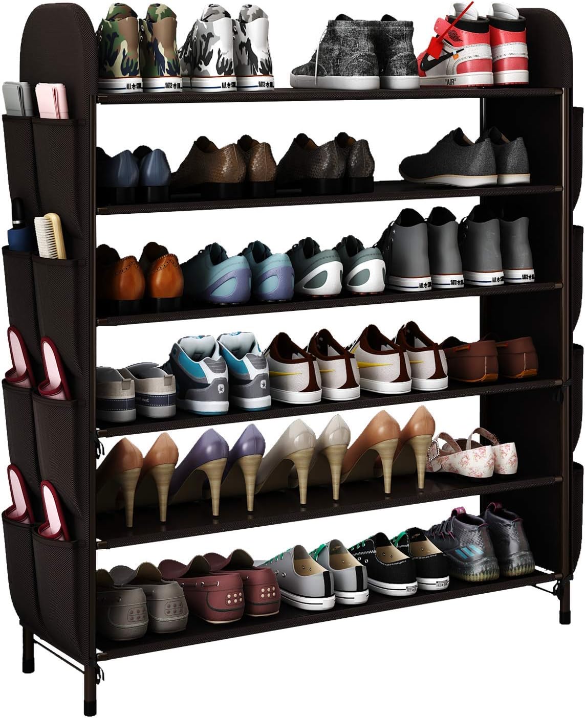 ACCSTORE 6-Tier Metal Freestanding Shoe Rack,Portable Shoe Storage Organizer with Side Shoes Pockets,Bronze