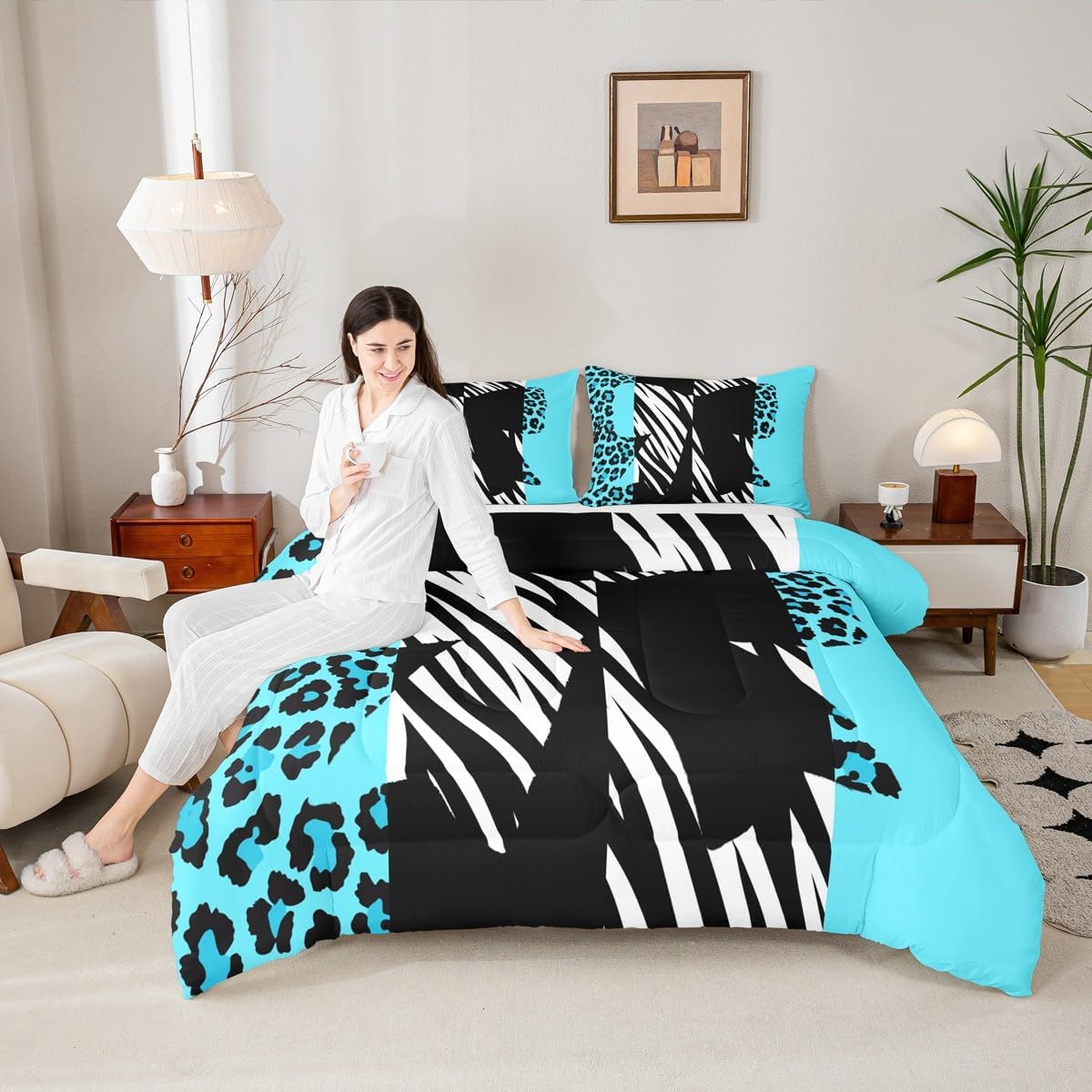 Manfei Leopard Bow Comforter Set Toddler Size 2 Pcs,Cute Bowknot Princess Style Bedding Set,Light Blue Zebra Cheetah Fur Print Stripes Safari Quilt Set for Child Bedroom,1 Pillowcase