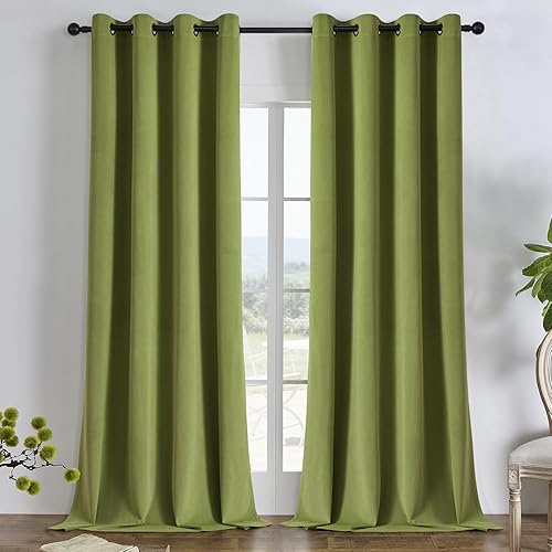 Joydeco Cortinas de terciopelo 100% opacas de color verde oliva, juego de 2 paneles de 84 pulgadas de largo, cortinas opacas con aislamiento térmico