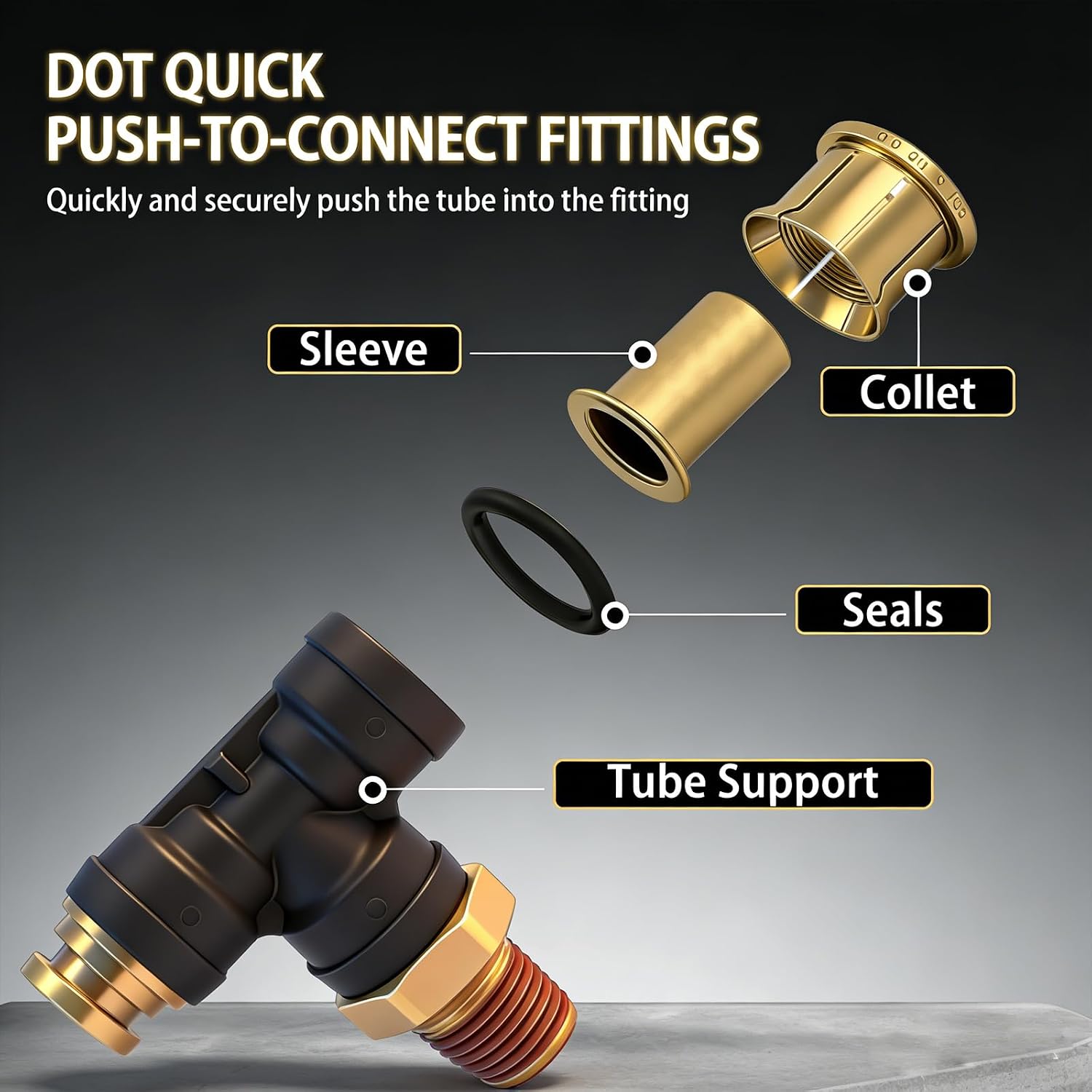 DOT Air Brake Line Tee Fittings, Quick Push to Connect Air Hose Fitting | 1/4" Tube OD x 3/8" NPT Thread; 2 Pack; PTC/PTCR Composite & Brass Union Tee For Truck Trailer Air Brake System