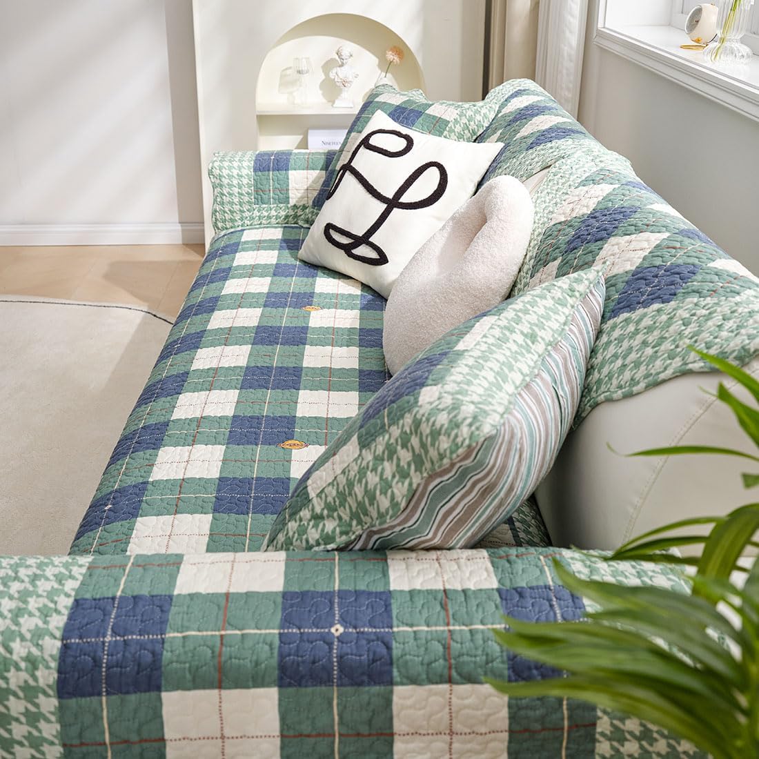 vctops Set of 2 Farmhouse Buffalo Check Plaid Decorative Throw Pillow Covers Cotton Quilted Square Cushion Case (Green Blue,20"x20")