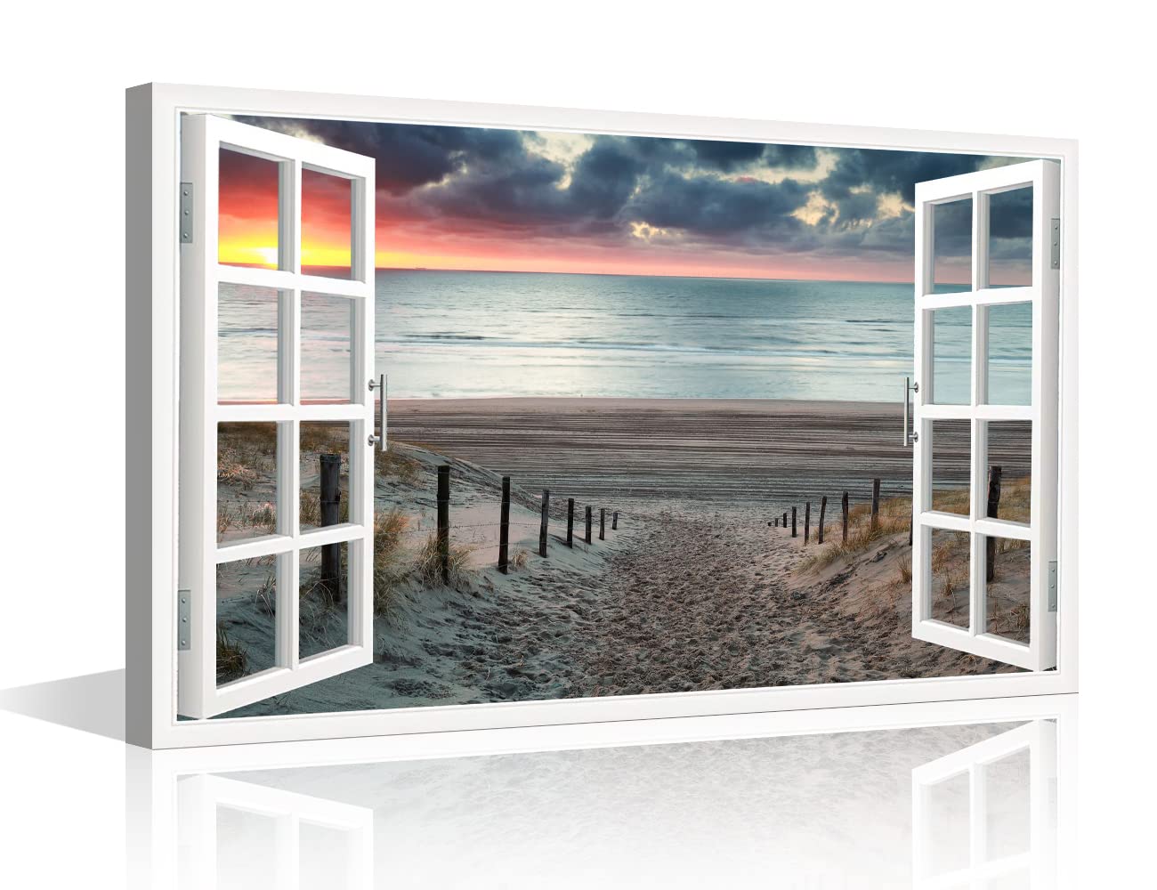 TISHIRON 3D Window Effect Coastal Picture Artwork Beach Seascape Canvas Wall Art with Wooden Pathway to Ocean for Bedroom Wall Decor Stretched and Framed Ready to Hang 12x18inch