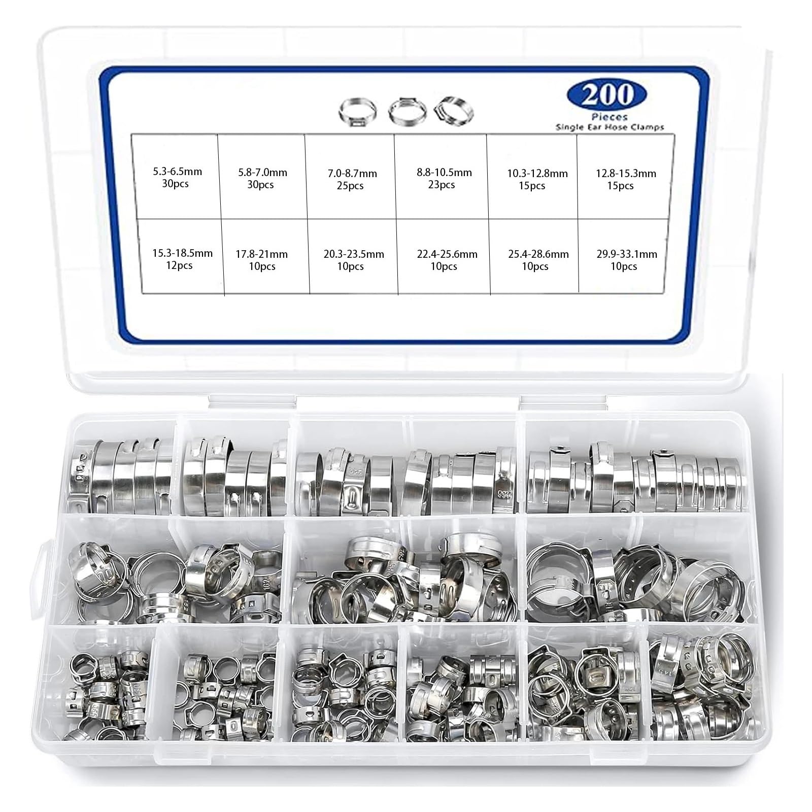 200 Uds 6,5-33,1mm 304 Kit Surtido De Abrazaderas Manguera Una Sola Oreja Acero Inoxidable for Asegurar Mangueras Tuberías Y Automoción