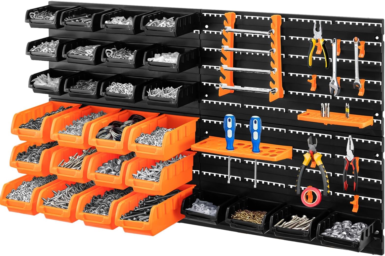 Holdfiturn 46Pcs Wall Mounted Storage Bins Backboard DIY Stackable Workshop Storage for Tools Hardwares Crafts 95*81.6cm Plastic Bin Panel Rack with Screws for Tool Shed Garage Workshop