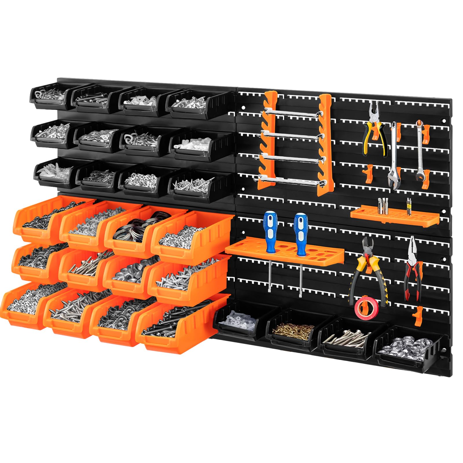 Holdfiturn 46Pcs Wall Mounted Storage Bins Backboard DIY Stackable Workshop Storage for Tools Hardwares Crafts 95*81.6cm Plastic Bin Panel Rack with Screws for Tool Shed Garage Workshop