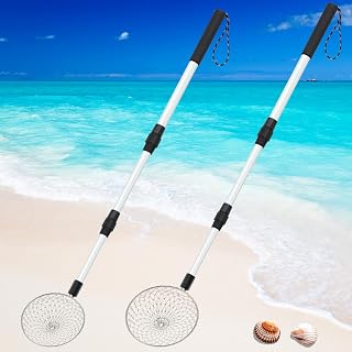 Roshtia 2 Pack Beach Sand Sifter Shelling Tools Shark Tooth Sifter with Long Adjustable Handle Sand Scoop Shovel Shell Sifter Tool for Beach, Cat Litter Scoops, up to 36 Inch Long (4.3 Inch, 5.5 Inch)