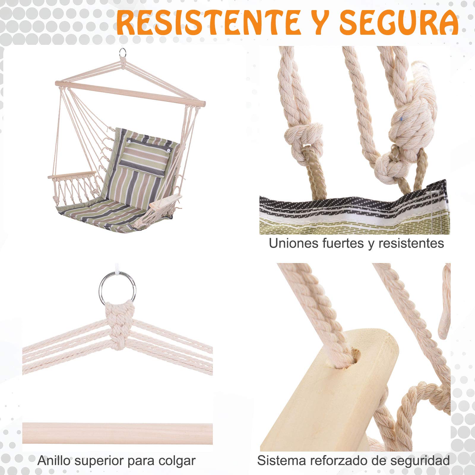 Outsunny Sedia sospesa a righe amaca con cuscino poggiatesta per interno esterno 100 x 106 cm Carico massimo 105 kg