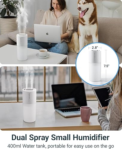 Miniatura 5 de 400ml Dual-spray Mini Humidifier for Desk - Portable Rechargeable Personal Desktop Humidifiers for Office Car Travel Plants Bedroom Baby, Auto
